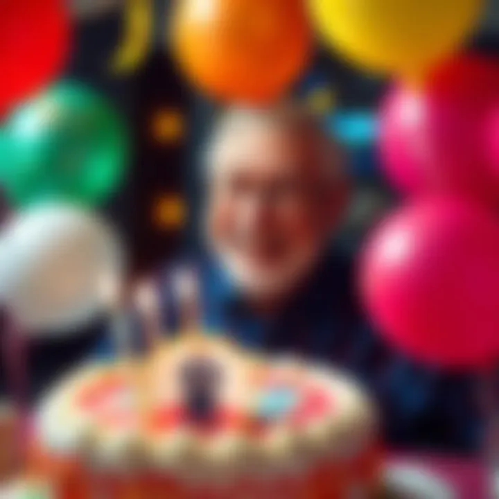 Dave Fennoy smiles while celebrating his 74th birthday, surrounded by balloons and a cake featuring Lee Everett's image.