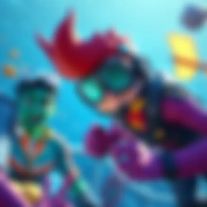 Cartoon characters from Dave the Diver and Fortnite together in an underwater scene, featuring bright colors and playful elements.