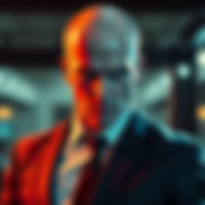 David Bateson in a sleek suit representing Agent 47, showcasing his iconic look with a focused expression