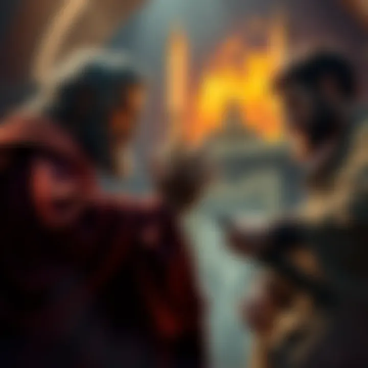 A dramatic scene showing David and Isaac arguing fiercely, illustrating their conflicting views on morality and evil actions.