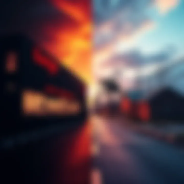 A split view showing a lively daytime scene on one side and a darker, eerie nighttime scene on the other, illustrating the contrast of day and night in a simulated environment.