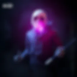 A visual representation of a killer from Dead by Daylight using a power that causes blindness, affecting survivors in a dark environment.