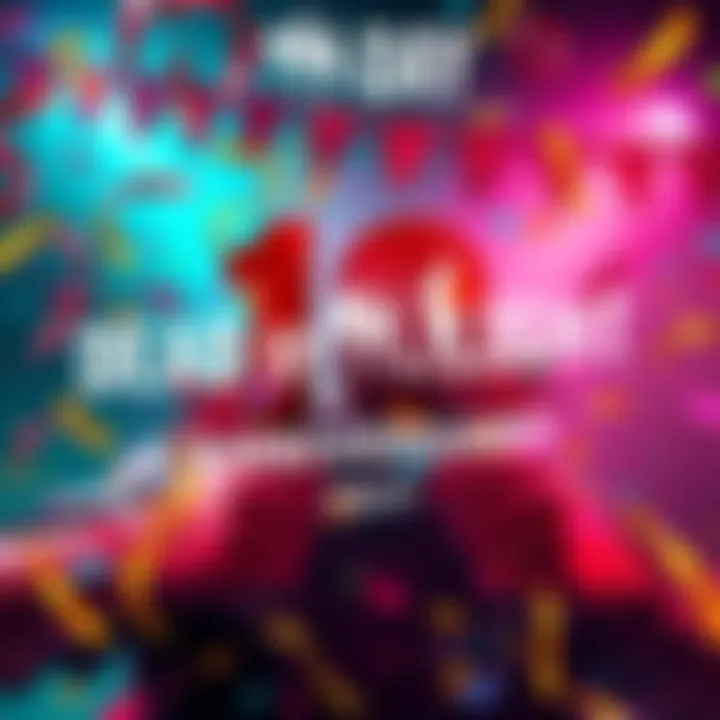 Celebration of Dead by Daylight 10th Anniversary A colorful graphic celebrating the 10th anniversary of Dead by Daylight, featuring Bloodpoints and game elements, with festive decorations and confetti.