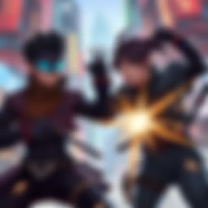 Two main characters from the game DBH engaging in a dramatic scene, showcasing their unique abilities and emotional expressions while surrounded by a futuristic city environment.