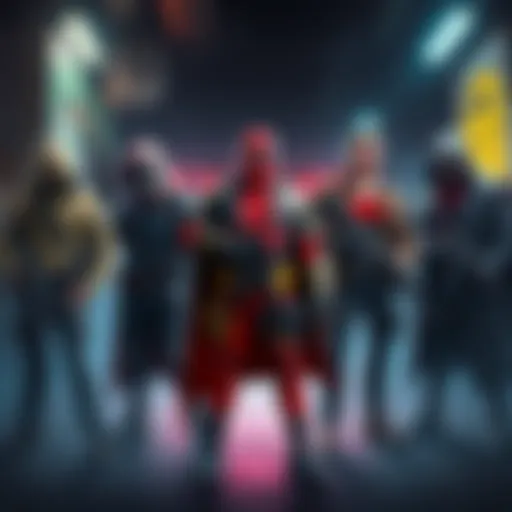 Lobo, Peacemaker, Red Hood, John Constantine, and Etrigan stand together in a retro FPS game setting, showcasing their unique styles and weapons.