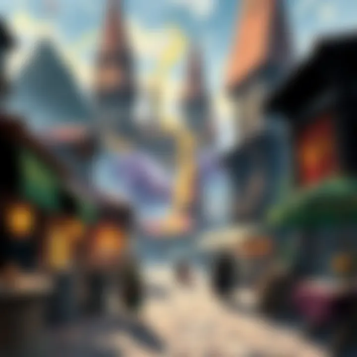 A vibrant scene showing a large fantasy city with bustling marketplaces, characters like a warrior and a merchant, and hints of evil creatures in the background, capturing typical D&D themes.