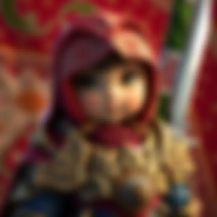 A cute D&D character wearing intricate armor designed with patterns from Iranian textiles, showcasing vibrant colors and charming details.