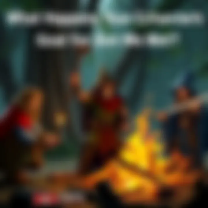 A group of fantasy characters, including a warrior, wizard, and rogue, celebrating their completed quest around a campfire in a forest setting.