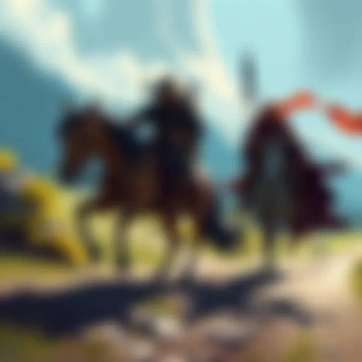 Two D&D characters walking and riding a horse on a path, illustrating travel distances