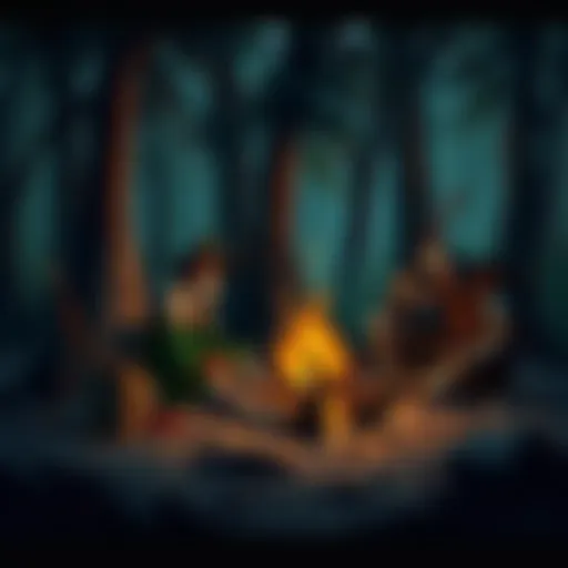 D&D Characters Resting A group of diverse D&D characters, including a wizard, warrior, and rogue, sitting around a campfire in a forest, discussing strategies while taking a break.