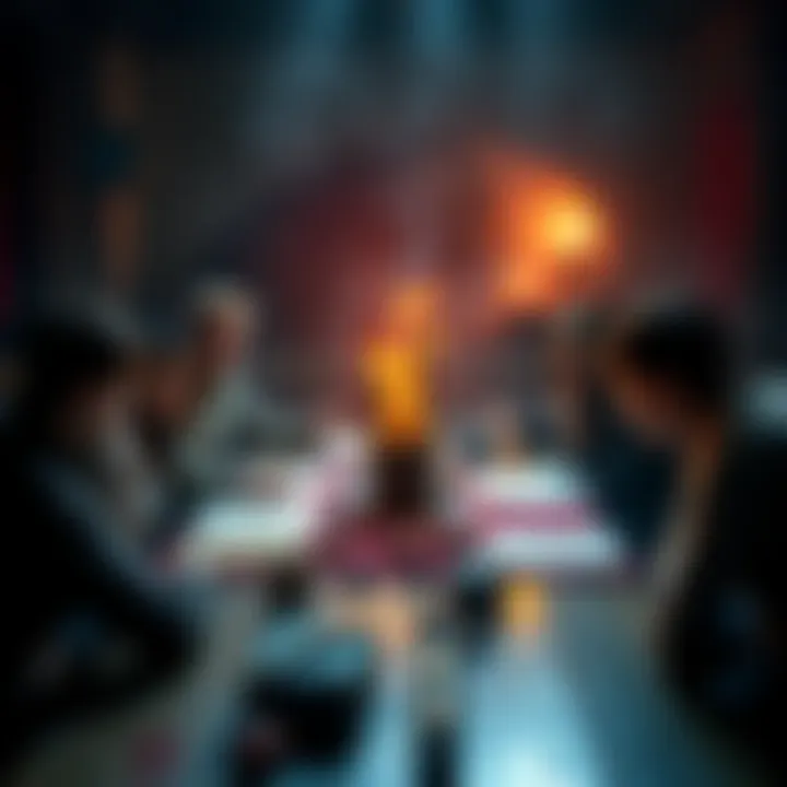 D&D Combat Table A group of friends gathered around a table, engaged in a Dungeons and Dragons combat session, with dice and character sheets visible.