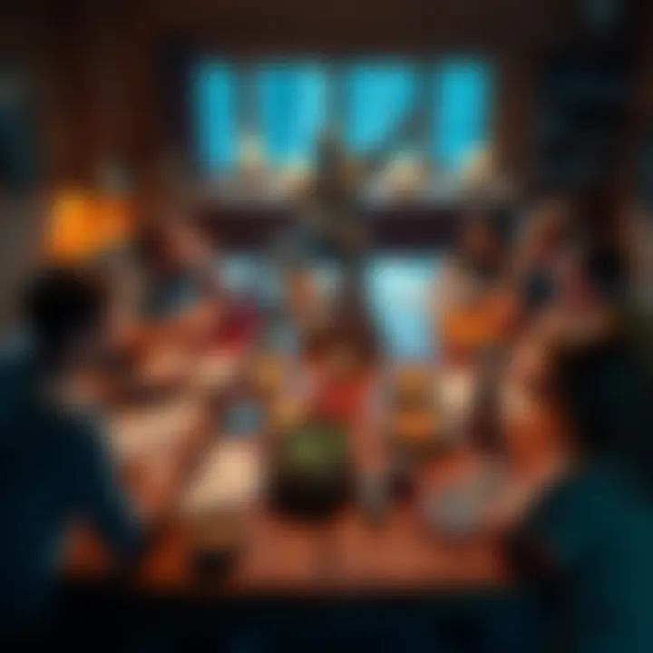 D&D Game Setup A tabletop scene showing players gathered around a table with dice, character sheets, and snacks, engaging in a Dungeons & Dragons game without a set story.