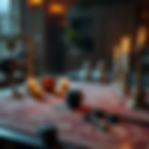 A tabletop scene with fantasy-themed music playlist, candles, and dice on a gaming table