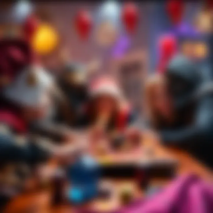 Group of friends dressed in fantasy costumes celebrating at a D&D table with dice and decorations.