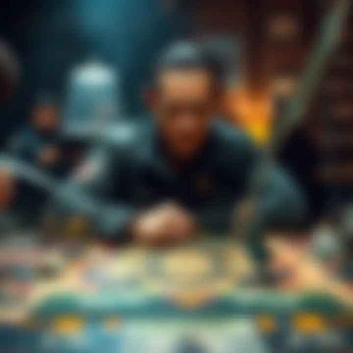 D&D player acting out a character A player at a tabletop game table, showing intense emotions while role-playing a character during a tense scene in Dungeons & Dragons, with a game board and miniature figures in the background.