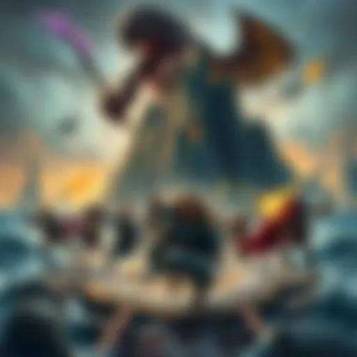 A group of diverse D&D players in a tense setting, racing to escape a collapsing isle while battling a powerful foe. The scene shows chaos and urgency with dramatic action and spellcasting.