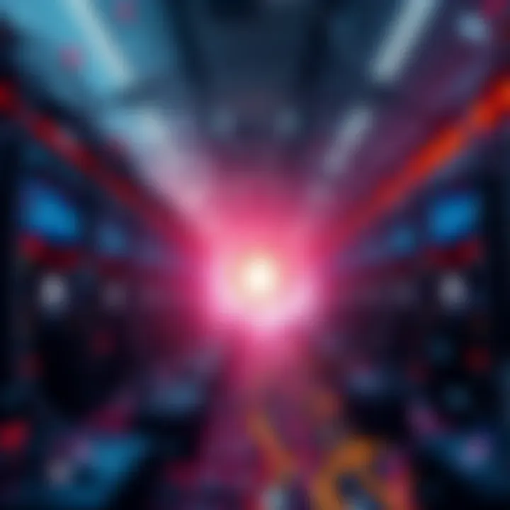A visual representation of a DDoS attack targeting a game platform, with multiple servers overwhelmed by traffic. The scene shows a chaotic digital environment indicating pressure on decision-makers.