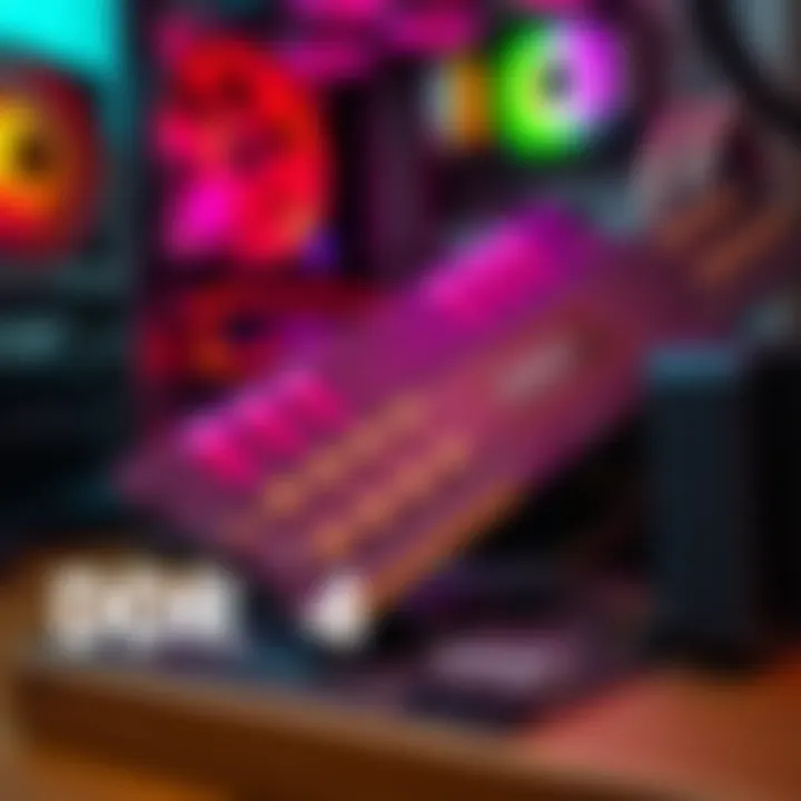 A close-up view of DDR4 RAM modules, a motherboard, and a CPU cooler on a workspace, illustrating essential parts for a PC build.