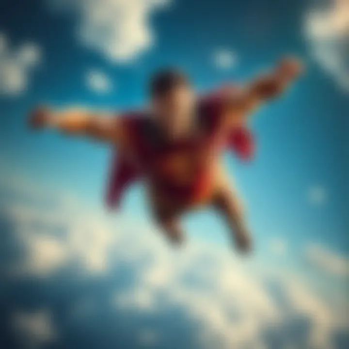 Deacon soaring through the sky while demonstrating his new super strength, muscles flexed and confident expression