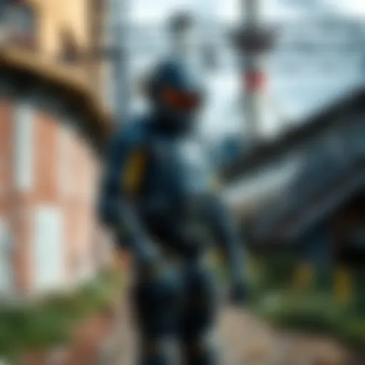 A detailed Dead Space cosplay featuring a character in a sci-fi suit, photographed at an old galvanizing plant in Poland.