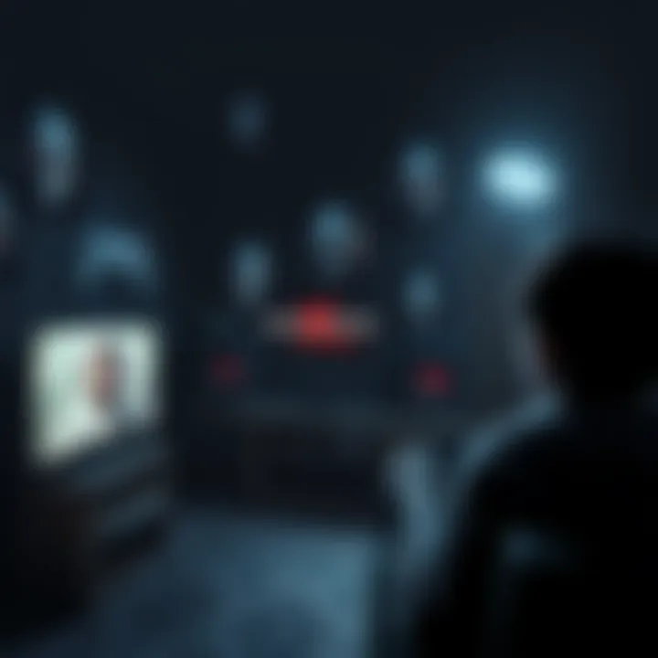 A dark room with a gaming console and a player looking frightened, surrounded by eerie images from the Dead Space Trilogy game.