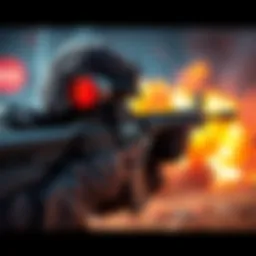 A character aims the Deadeye assault rifle with a red dot sight, set in a digital battleground with explosive effects in the background.