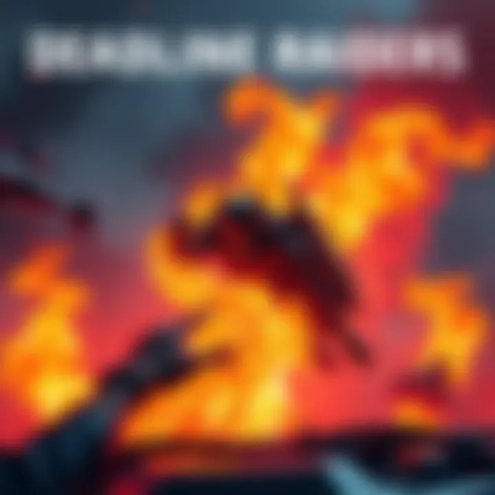 Screenshot from Deadline Raider showing a villain trapped in a fiery flare trap with vivid flames and intense colors