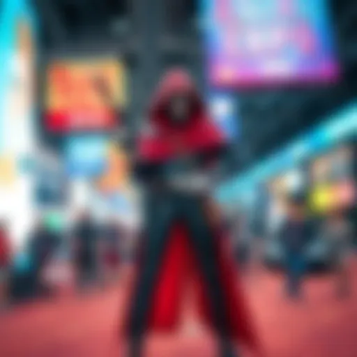 A cosplayer dressed as Deadman, standing confidently and posing at Anime Expo, surrounded by fans and colorful event banners.
