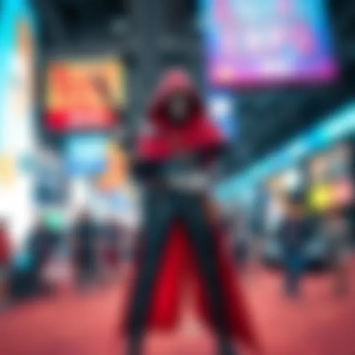 Cosplayer as Deadman at Anime Expo A cosplayer dressed as Deadman, standing confidently and posing at Anime Expo, surrounded by fans and colorful event banners.