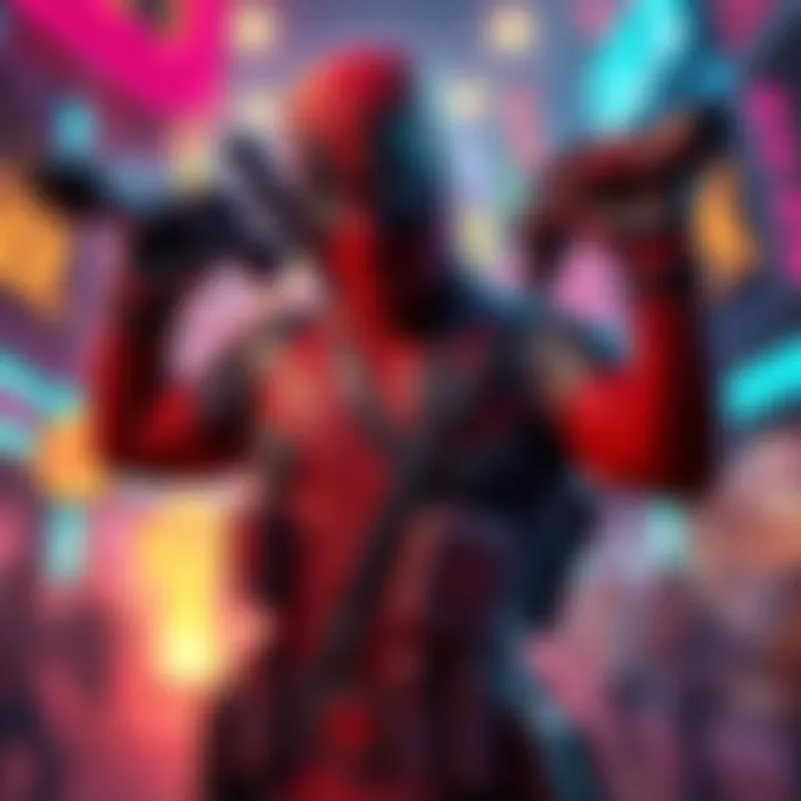 Deadpool with dual-wielding weapons in a vibrant virtual world, featuring Neil Patrick Harris' voice