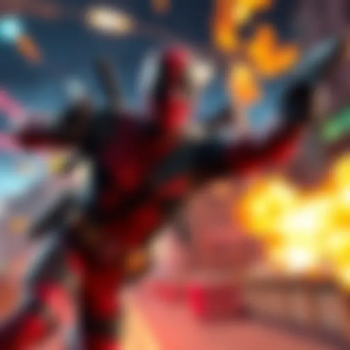 A dynamic action scene featuring Deadpool engaging in combat with vibrant graphics and humor