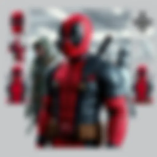 A display of different Deadpool skin designs, featuring classic and modern styles, with a pen-and-ink filter option.