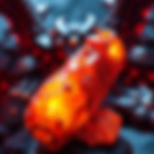 Close-up of Deagonite Ore with Rathalos armor pieces in the background