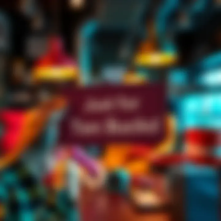 Deals for Ten Bucks A hand holding a sign that says 'Just Ten Bucks!' surrounded by colorful items on a table