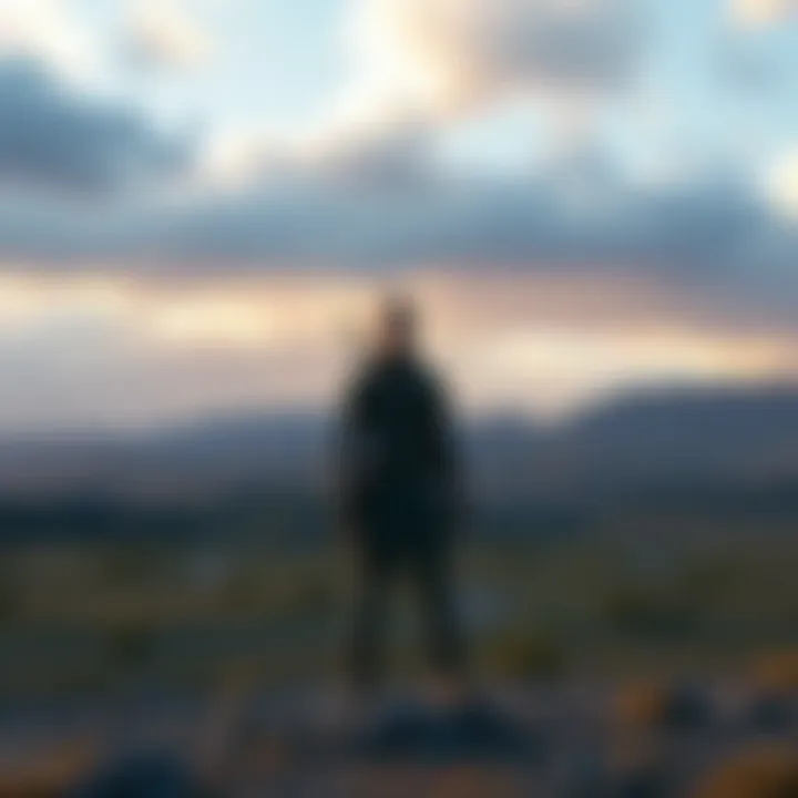 A character from Death Stranding standing against a vast, open landscape with mountains and a cloudy sky in the background.