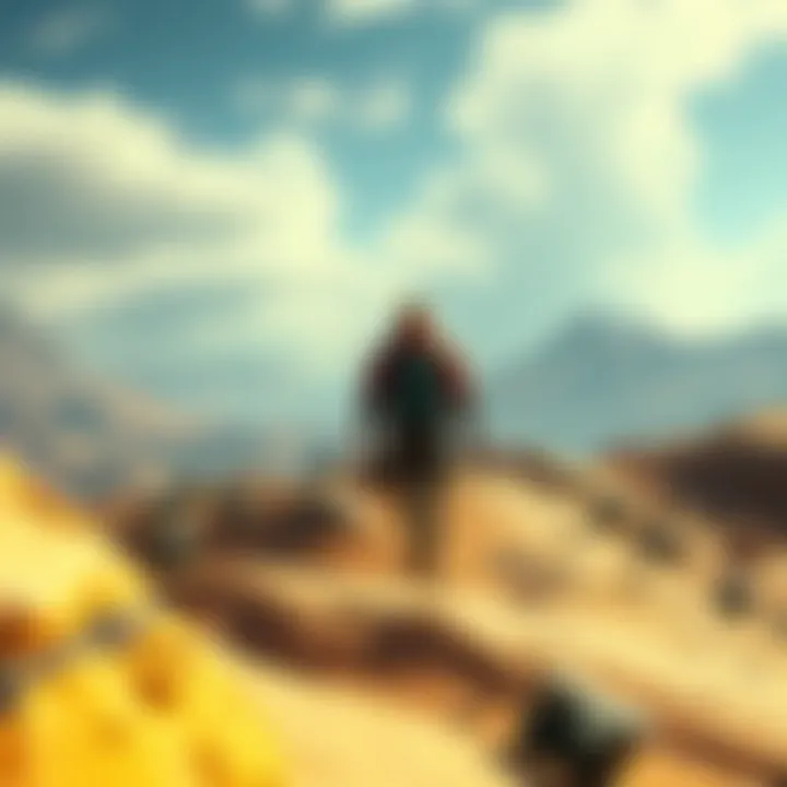A character traversing a vast, rugged terrain in Death Stranding 2, with delivery gear visible and a focus on the environment.
