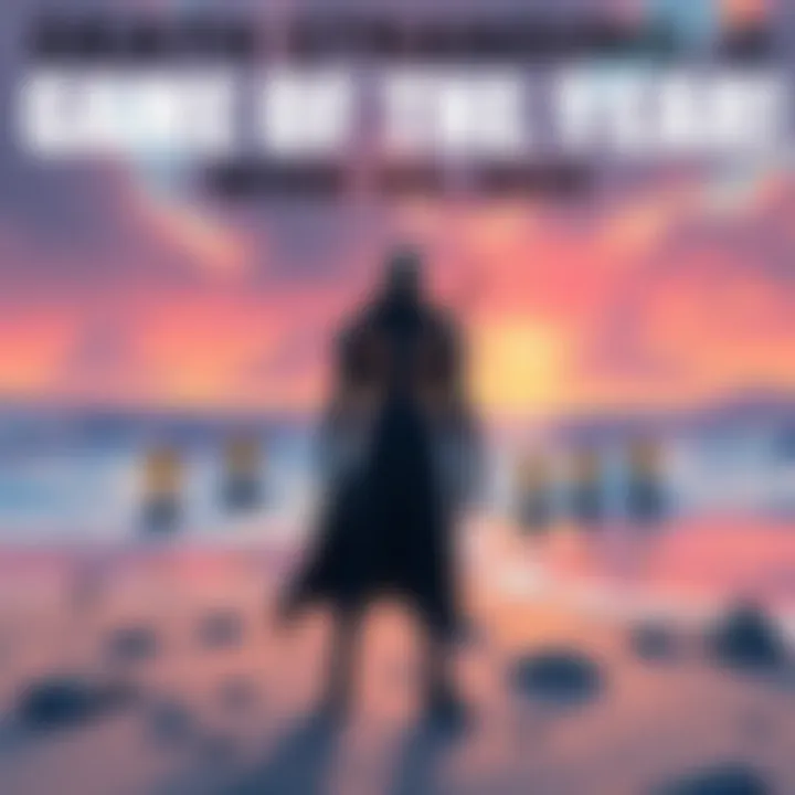 Cover illustration showing the main character standing on a beach with awards in the background, representing Death Stranding 2 winning Game of the Year 2025.