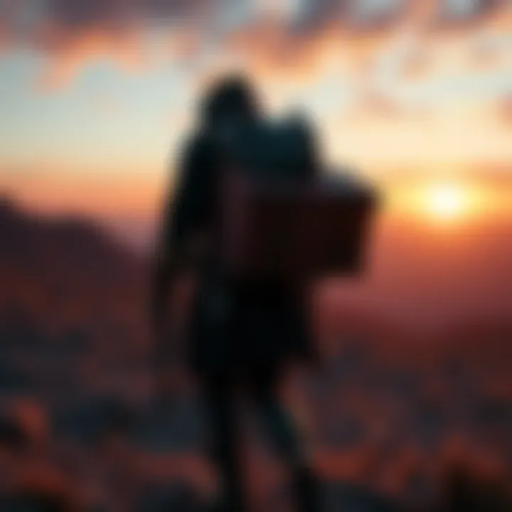 A character from Death Stranding carrying cargo across a rugged landscape with a sunset in the background.