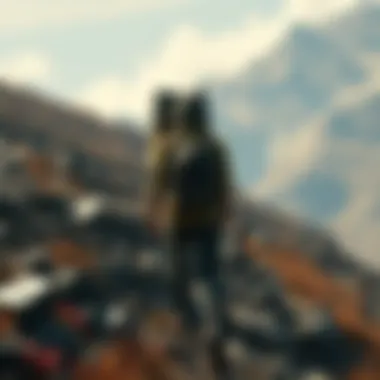 Death Stranding character carrying cargo A player character in Death Stranding traversing a rugged terrain while carrying cargo on their back, showcasing the game's environment and mechanics.