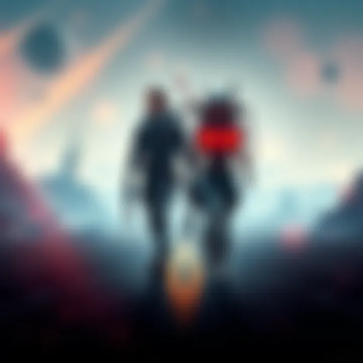 Characters from Death Stranding Two main characters in a sci-fi setting, walking through an expansive landscape with futuristic elements, showcasing the game's narrative focus.