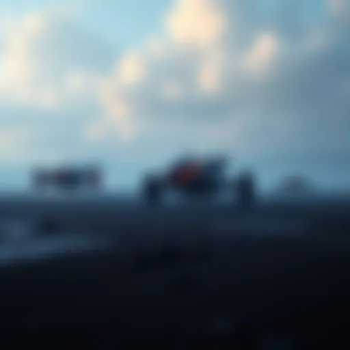 A digital artwork showing a futuristic landscape from Death Stranding, highlighting advanced ground vehicles without any flying vehicles present.