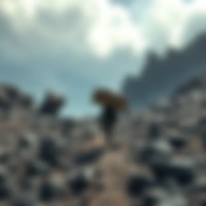 A character in a rugged landscape carrying cargo across a rocky terrain in Death Stranding
