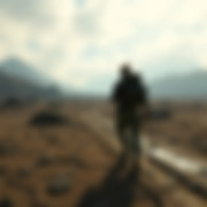 A scene from Death Stranding showing a character walking in a desolate landscape with cargo on their back, surrounded by a bleak environment.