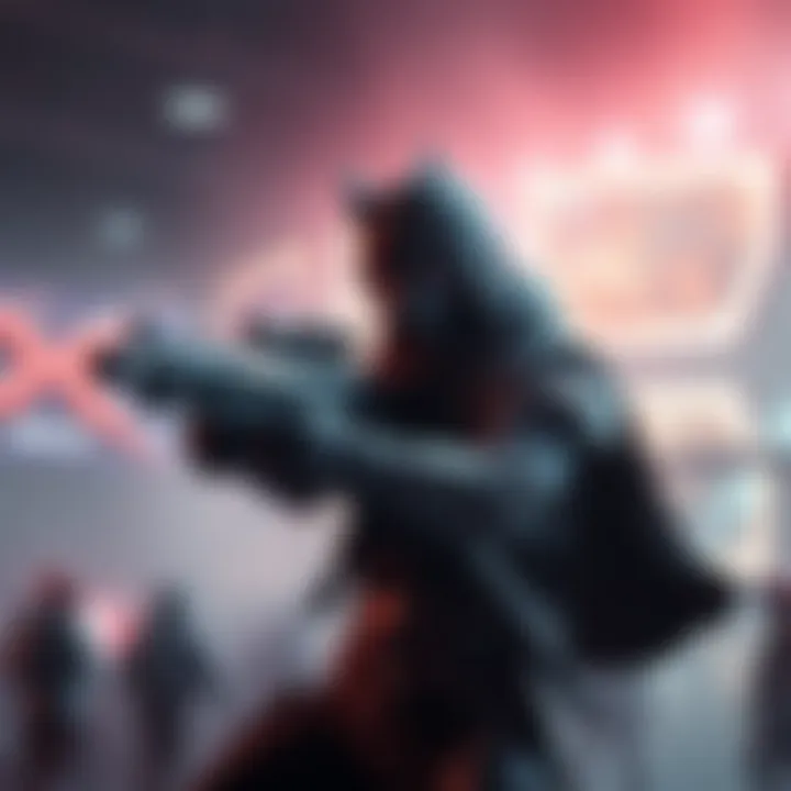 A character known as the Deathslinger aims his weapon in a gaming environment, surrounded by intense visuals of a competitive game setting.