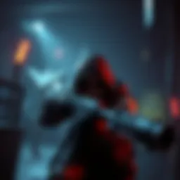 A player character called Deathslinger aiming with a weapon in a game setting, surrounded by dark and eerie environment.