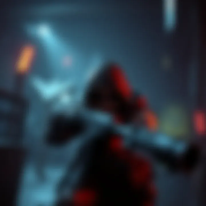 A player character called Deathslinger aiming with a weapon in a game setting, surrounded by dark and eerie environment.