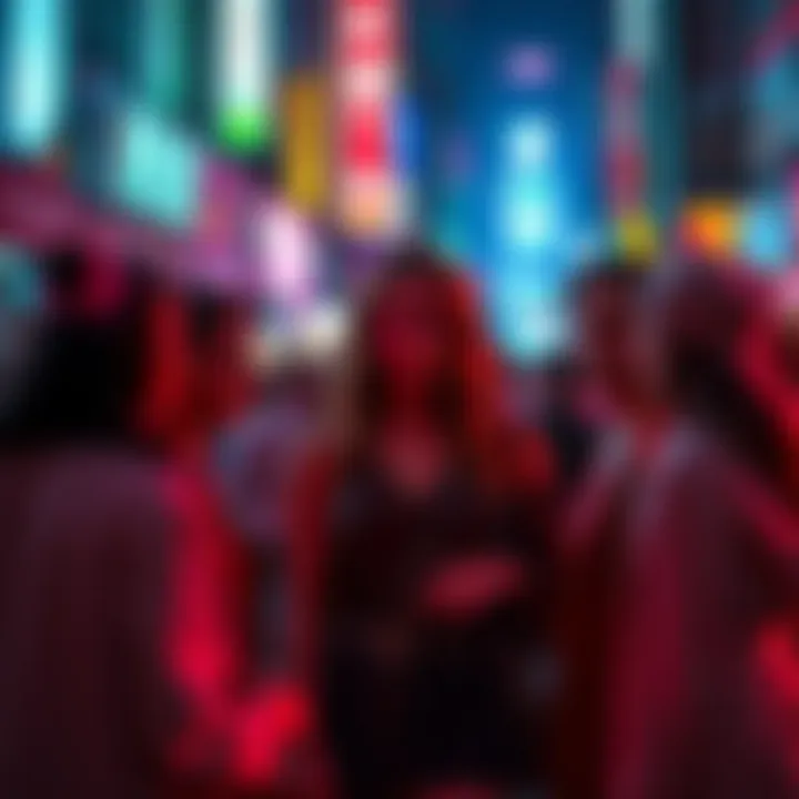 A group of people discussing beauty standards in a lively Night City setting, with bright neon lights and urban scenery.