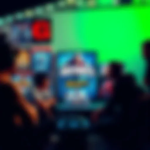 A group of gamers discussing the balance between game graphics and content, surrounded by various game posters and a laptop showing gameplay footage.