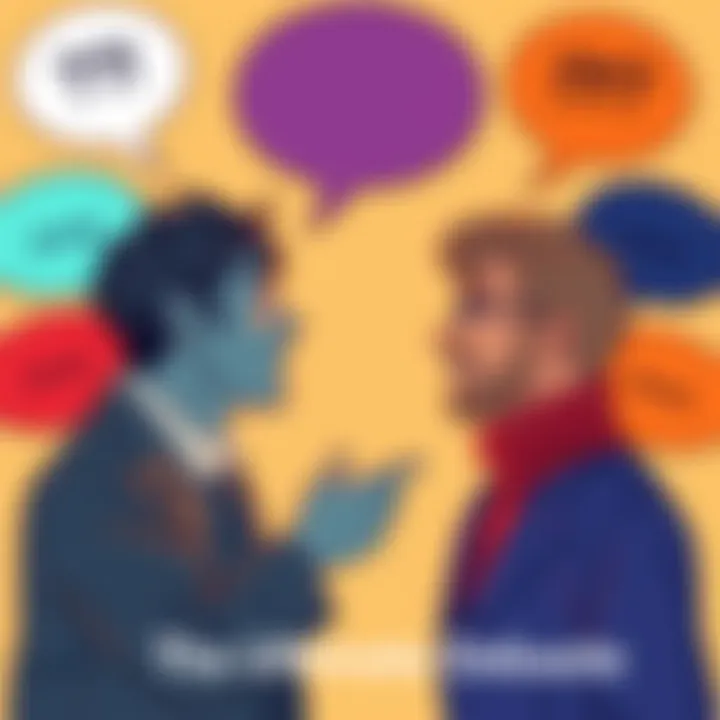 Two people discussing passionately, surrounded by speech bubbles with different opinions.