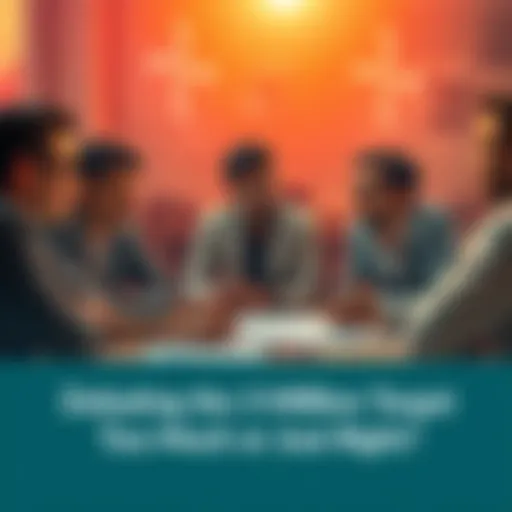 A group of people engaged in a discussion about the 3 million target, some looking concerned while others appear confident, with charts and notes on a table nearby.